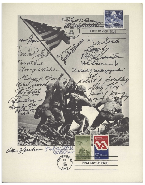 Joe Rosenthal Signed Iwo Jima Flag Raising 8.5'' x 11'' Photo -- Also Signed by 23 Medal of Honor Recipients